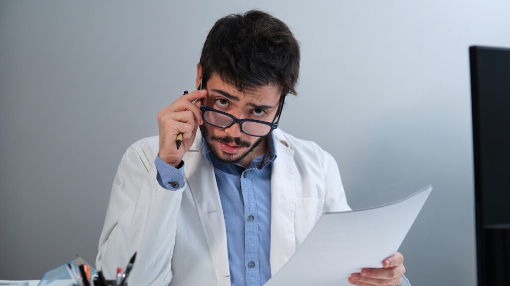 Responsabilidad civil para médicos: facultativo revisando un informe médico